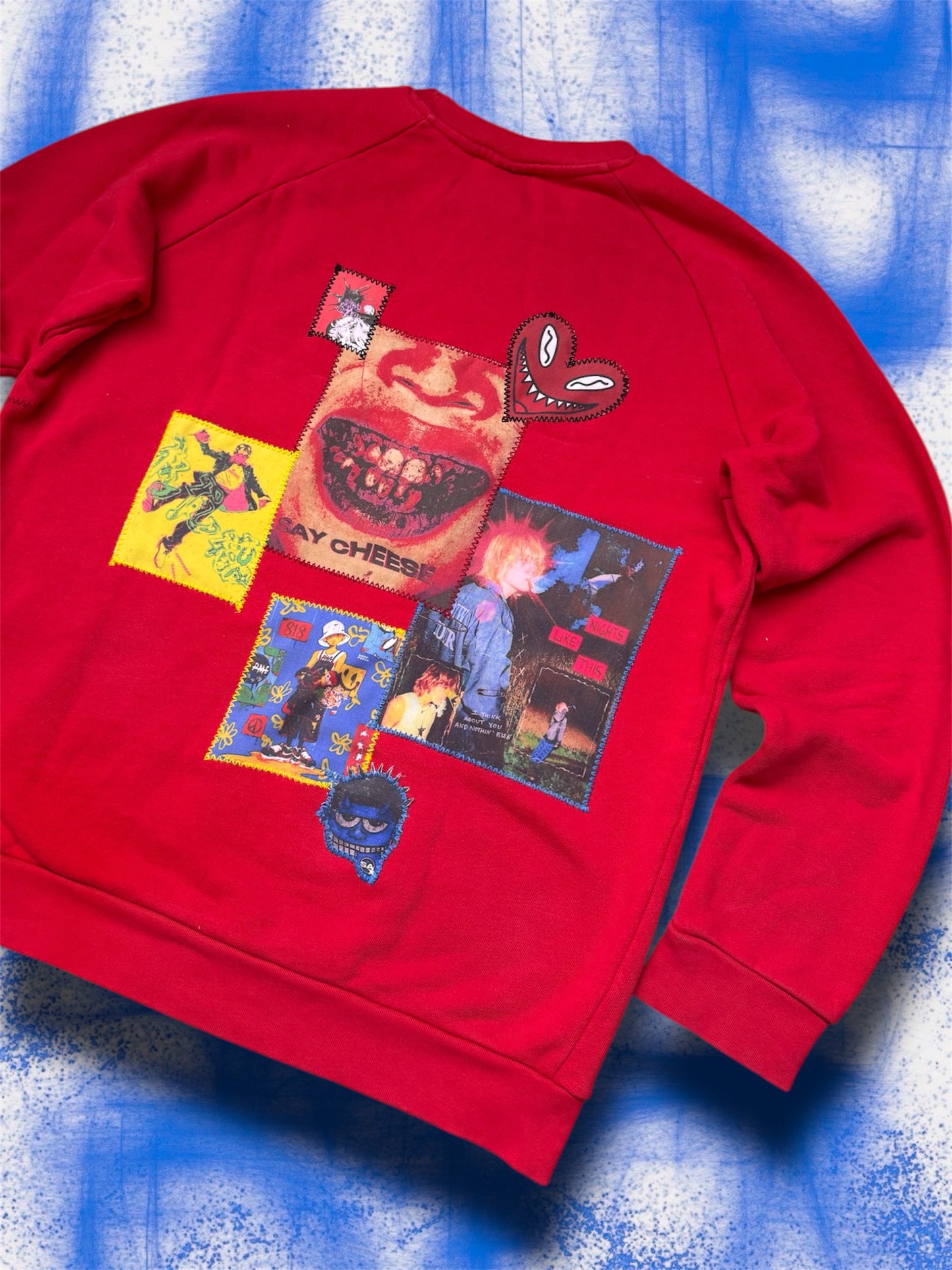 “Say cheese” upcycled red sweatshirt