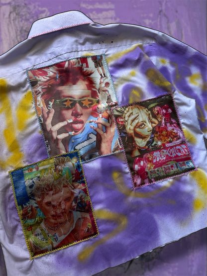 Sprayed light purple shirt with art pictures