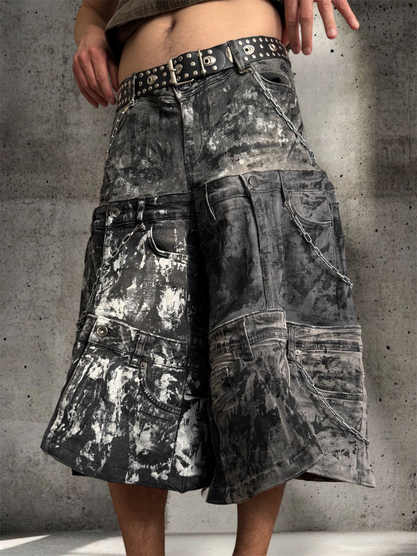 Black and gray baggy jorts with chains
