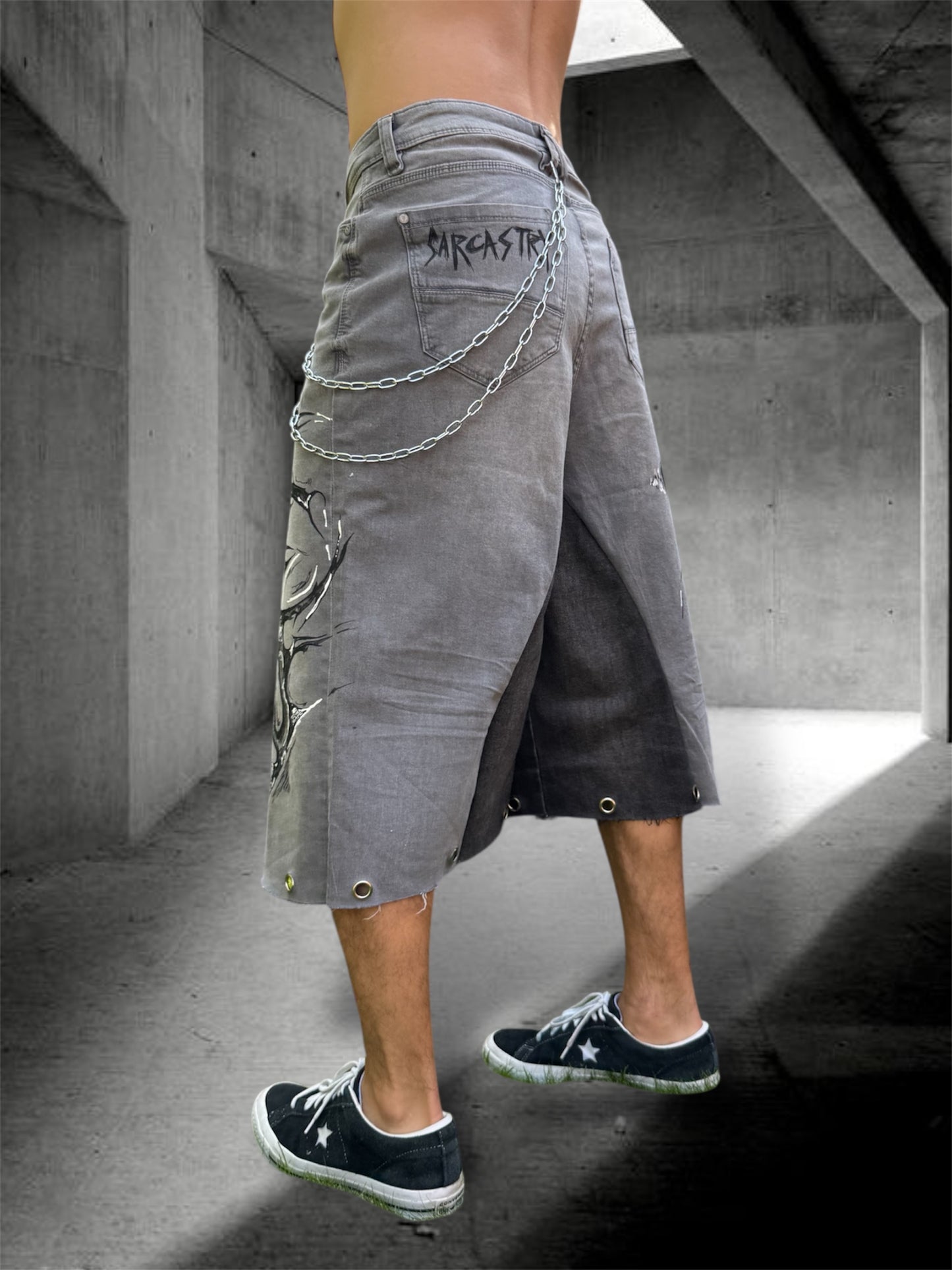 “Sharpeye” upcycled hand painted jorts