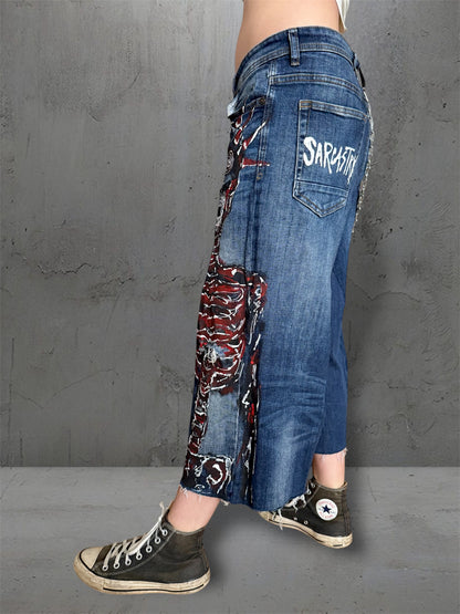 “Skull” 1/1 upcycled hand painted jorts