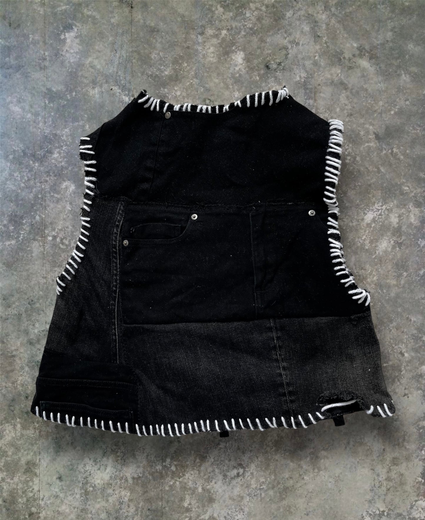 Upcycled denim top with print and embroidery
