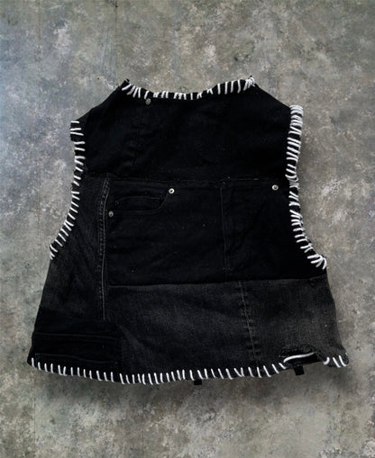 Upcycled denim top with print and embroidery
