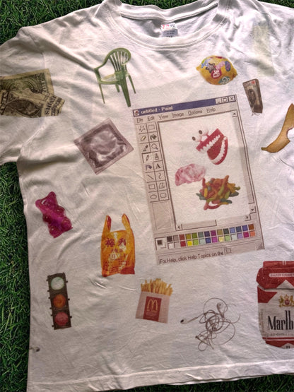 “Lunch” 1/1 upcycled white T-shirt