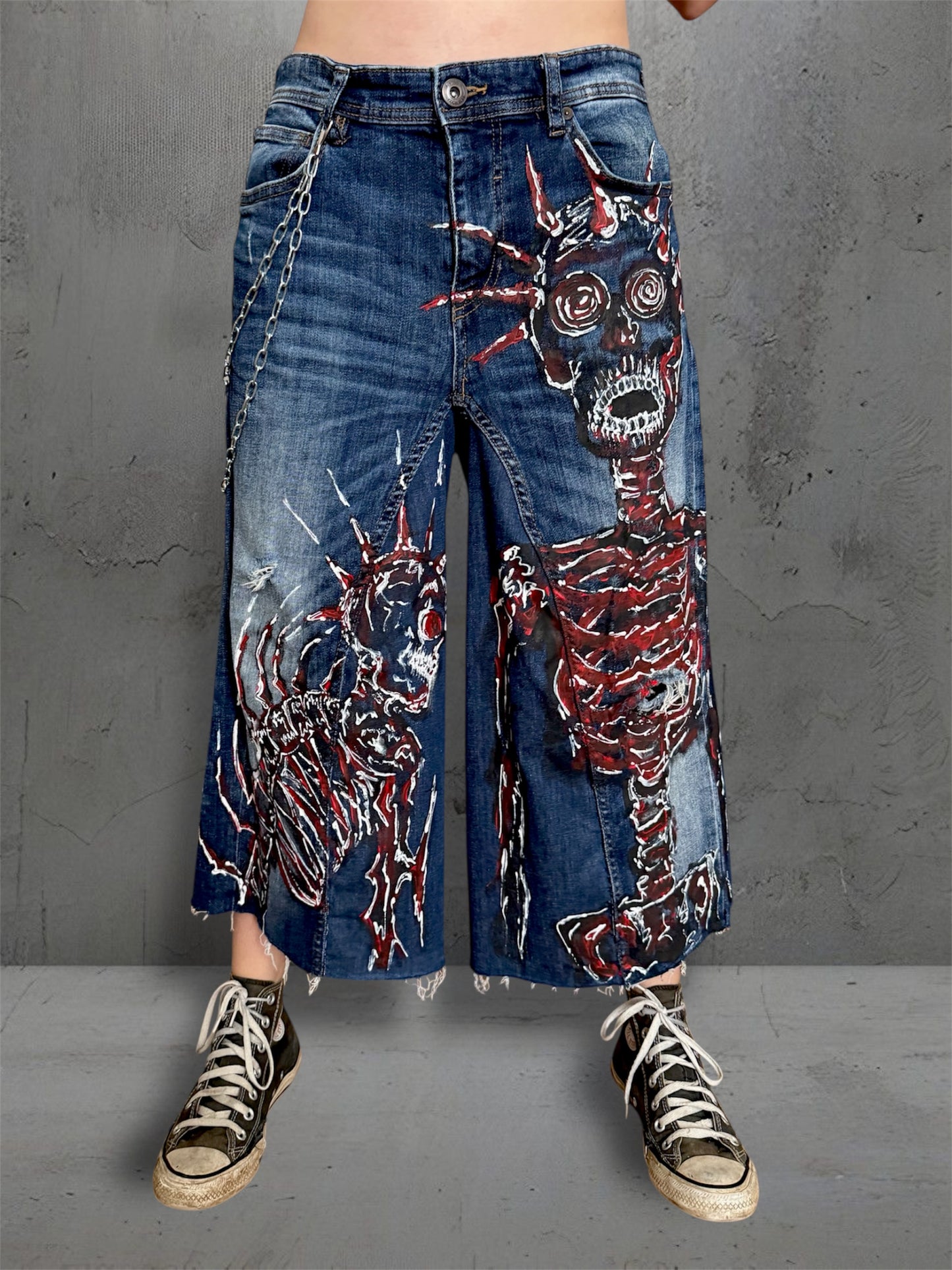 “Skull” 1/1 upcycled hand painted jorts