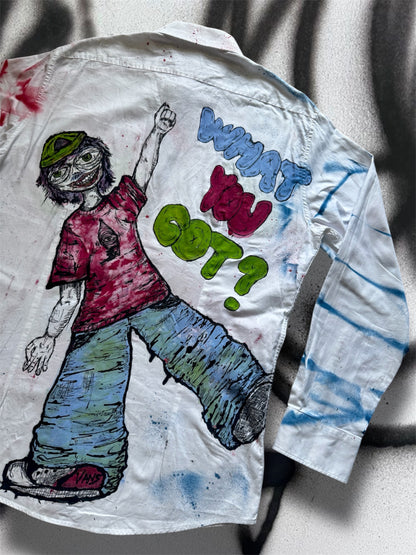 “What you got?” Handpainted shirt