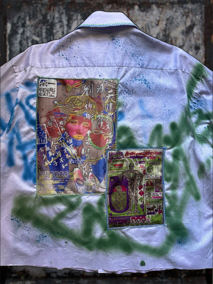 Sprayed light purple shirt with art pictures