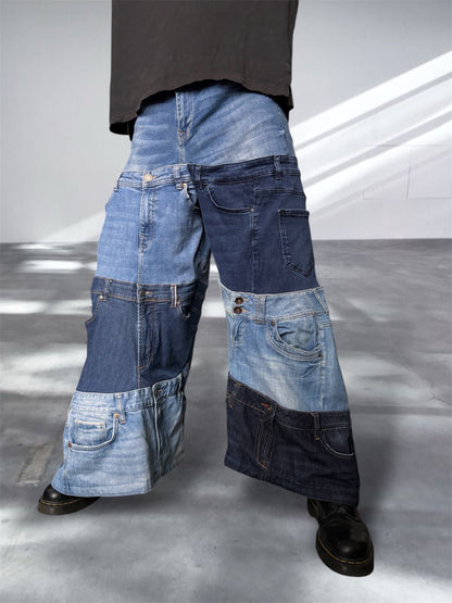 Baggy blue jeans created out of denim jeans tops