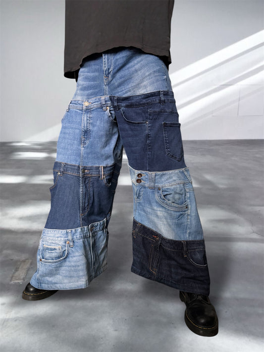 Baggy blue jeans created out of denim jeans tops