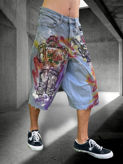 “Skater punk” 1/1 upcycled hand painted jorts