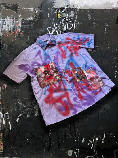 Sprayed purple shirt with art pictures