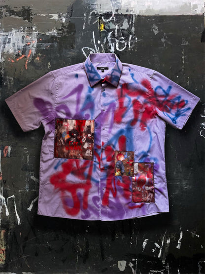 Sprayed purple shirt with art pictures