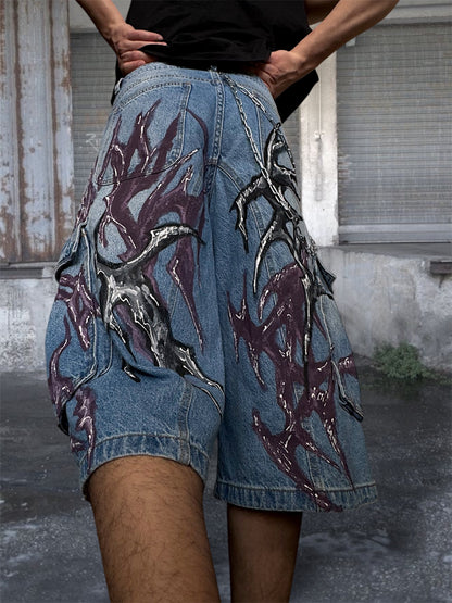 1/1 blue upcycled hand painted jorts