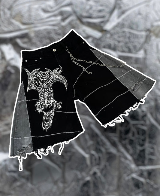 Wide denim shorts with 3D art