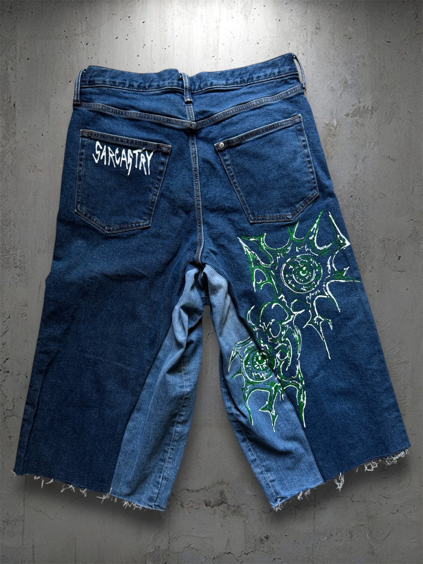 “Eye virus” 1/1 blue upcycled hand painted jorts