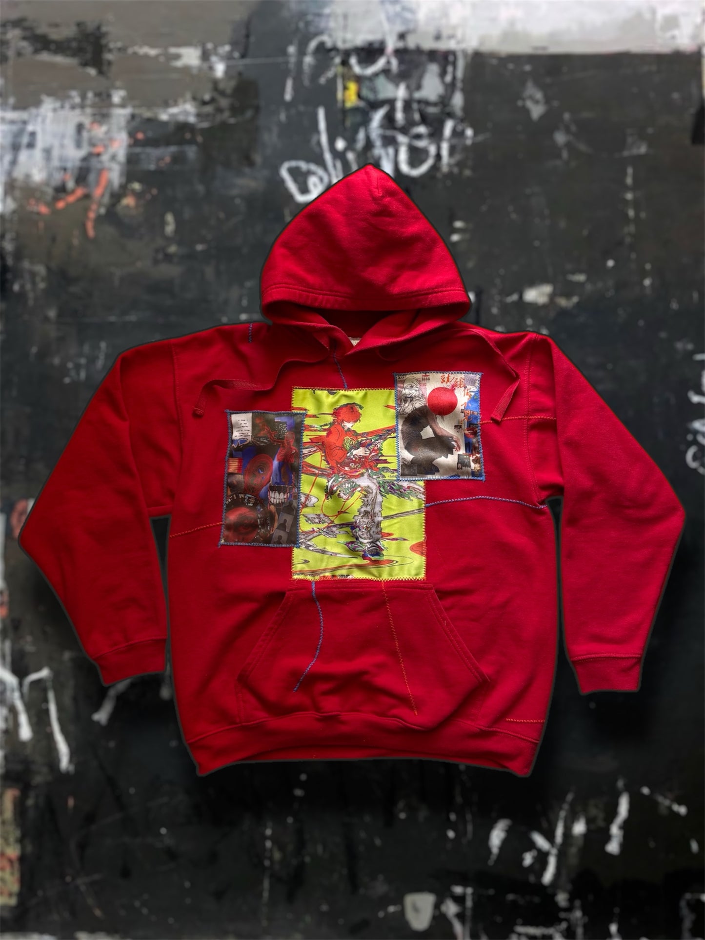 “George” red hoodie with stitched art