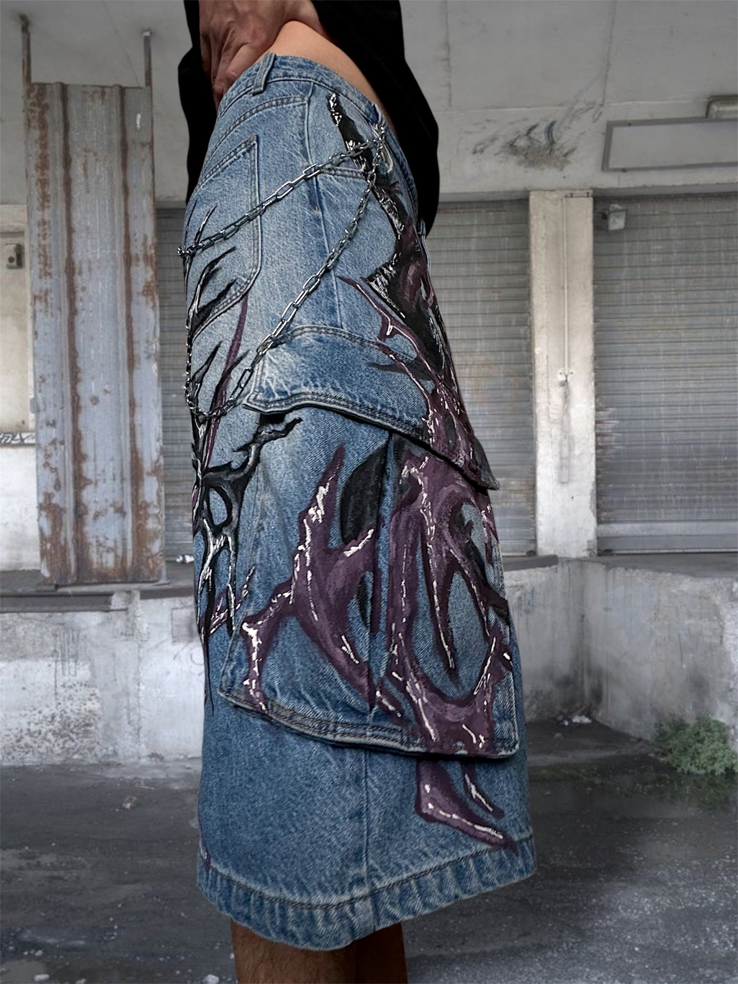 1/1 blue upcycled hand painted jorts