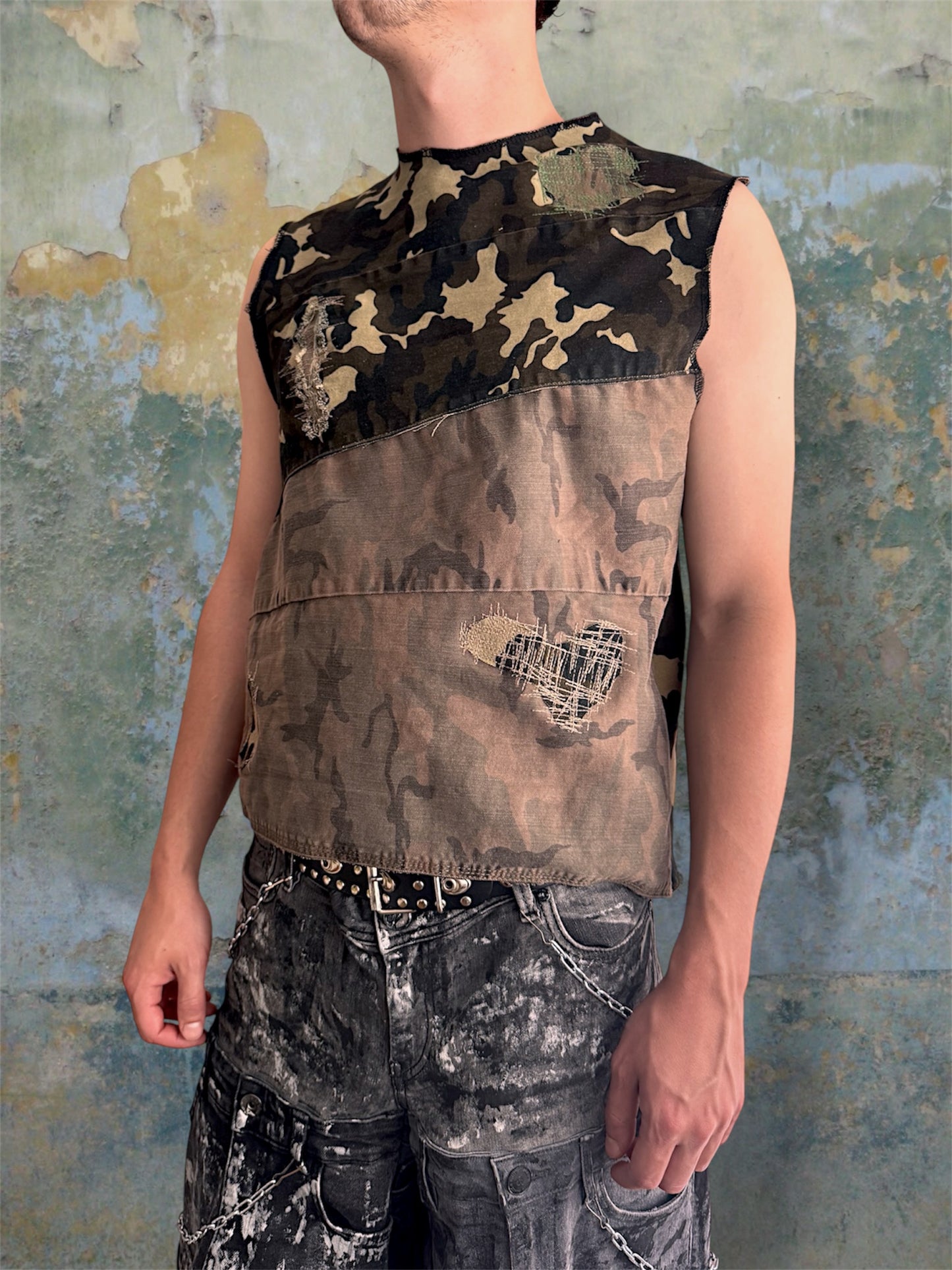 Camouflage upcycled denim top