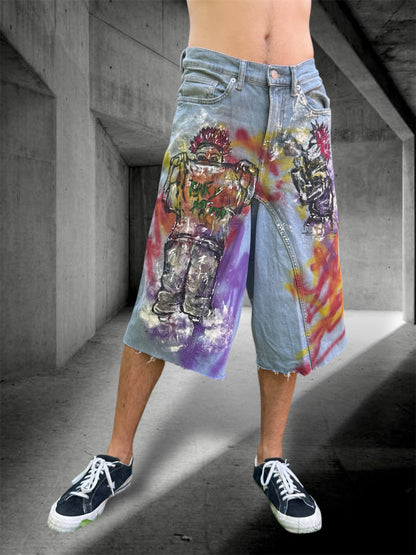 “Skater punk” 1/1 upcycled hand painted jorts