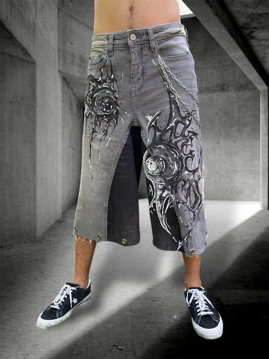 “Sharpeye” upcycled hand painted jorts