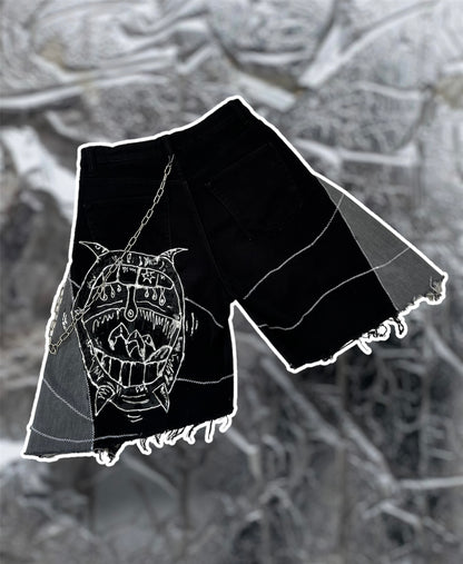 Wide denim shorts with 3D art