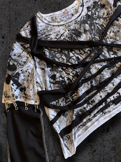 Upcycled black and white cropped T-shirt