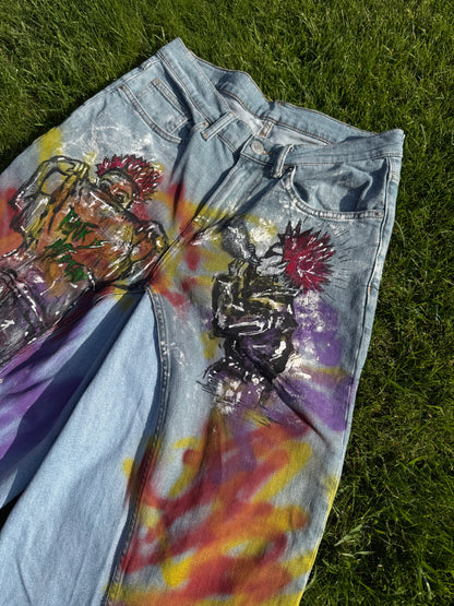 “Skater punk” 1/1 upcycled hand painted jorts