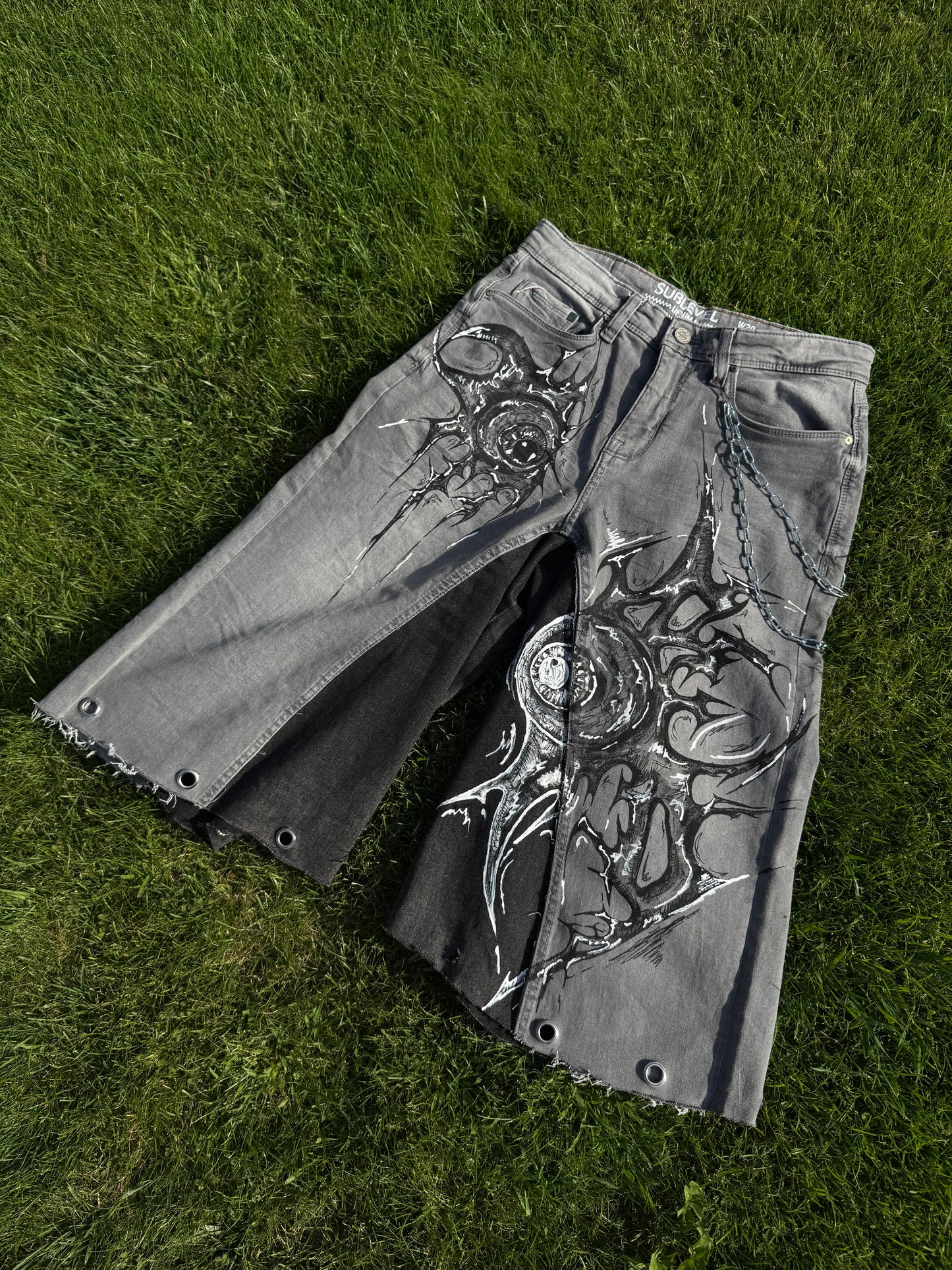 “Sharpeye” upcycled hand painted jorts