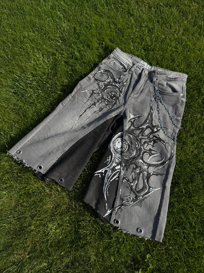 “Sharpeye” upcycled hand painted jorts