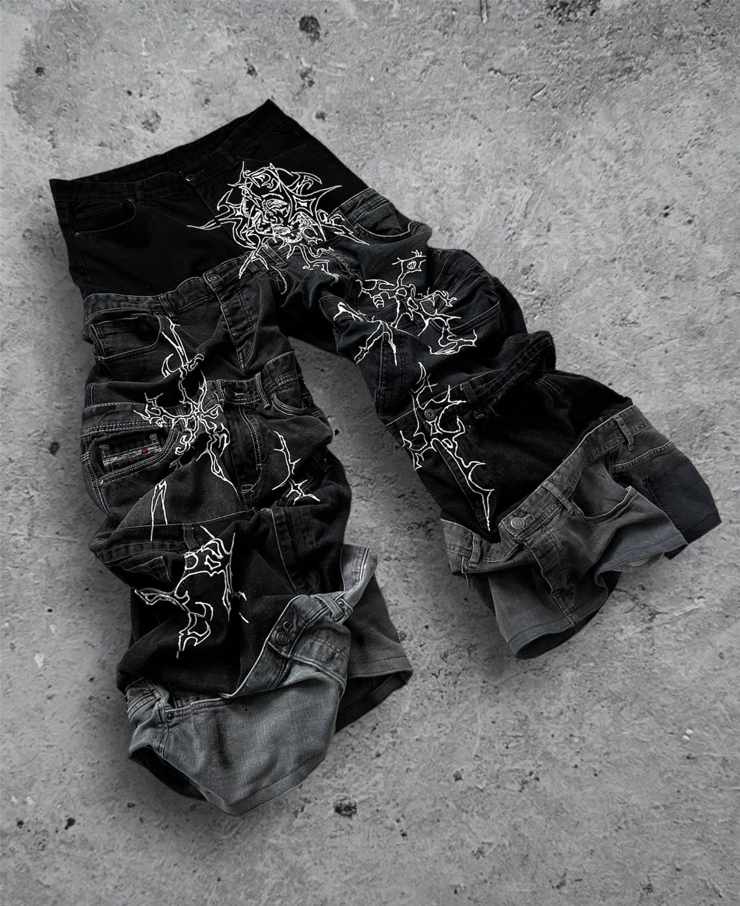 “Enchanted” 1 of 1 baggy draped jeans with 3D designs