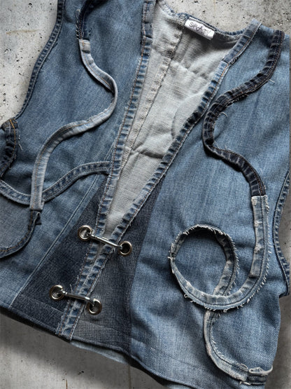 Repurposed blue denim vest - short