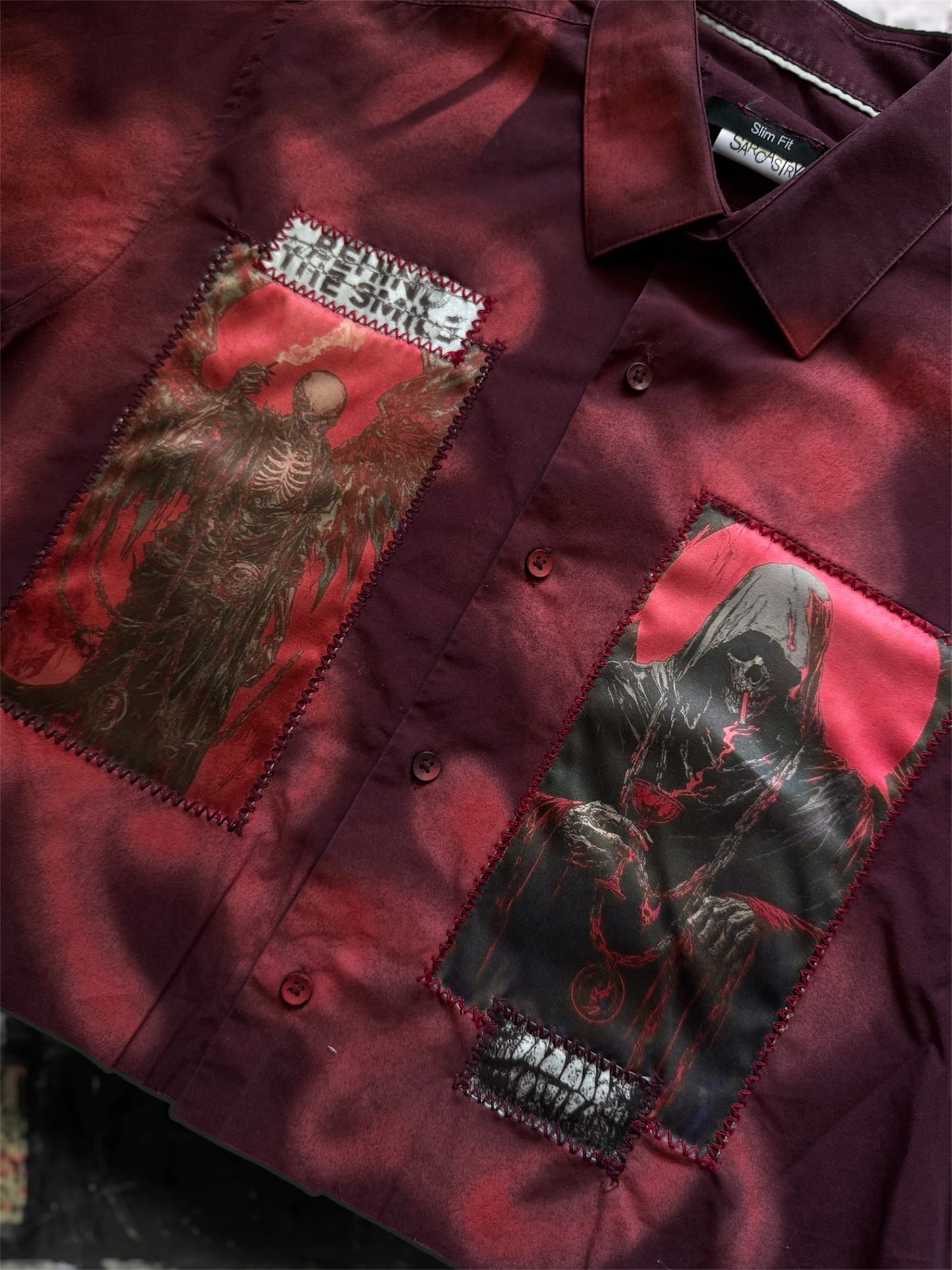 Sprayed light dark red shirt with art pictures