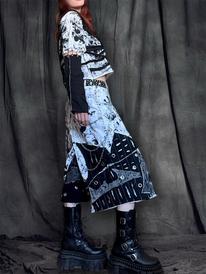 Upcycled black and white cropped T-shirt