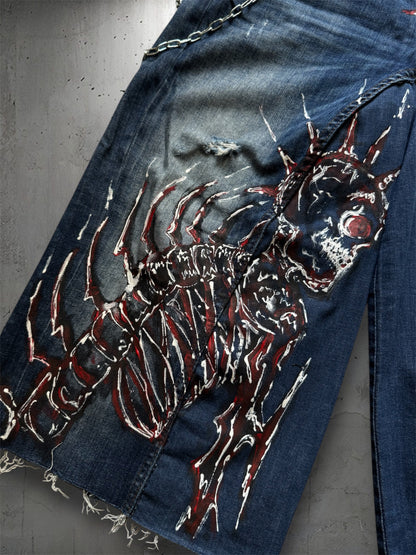 “Skull” 1/1 upcycled hand painted jorts