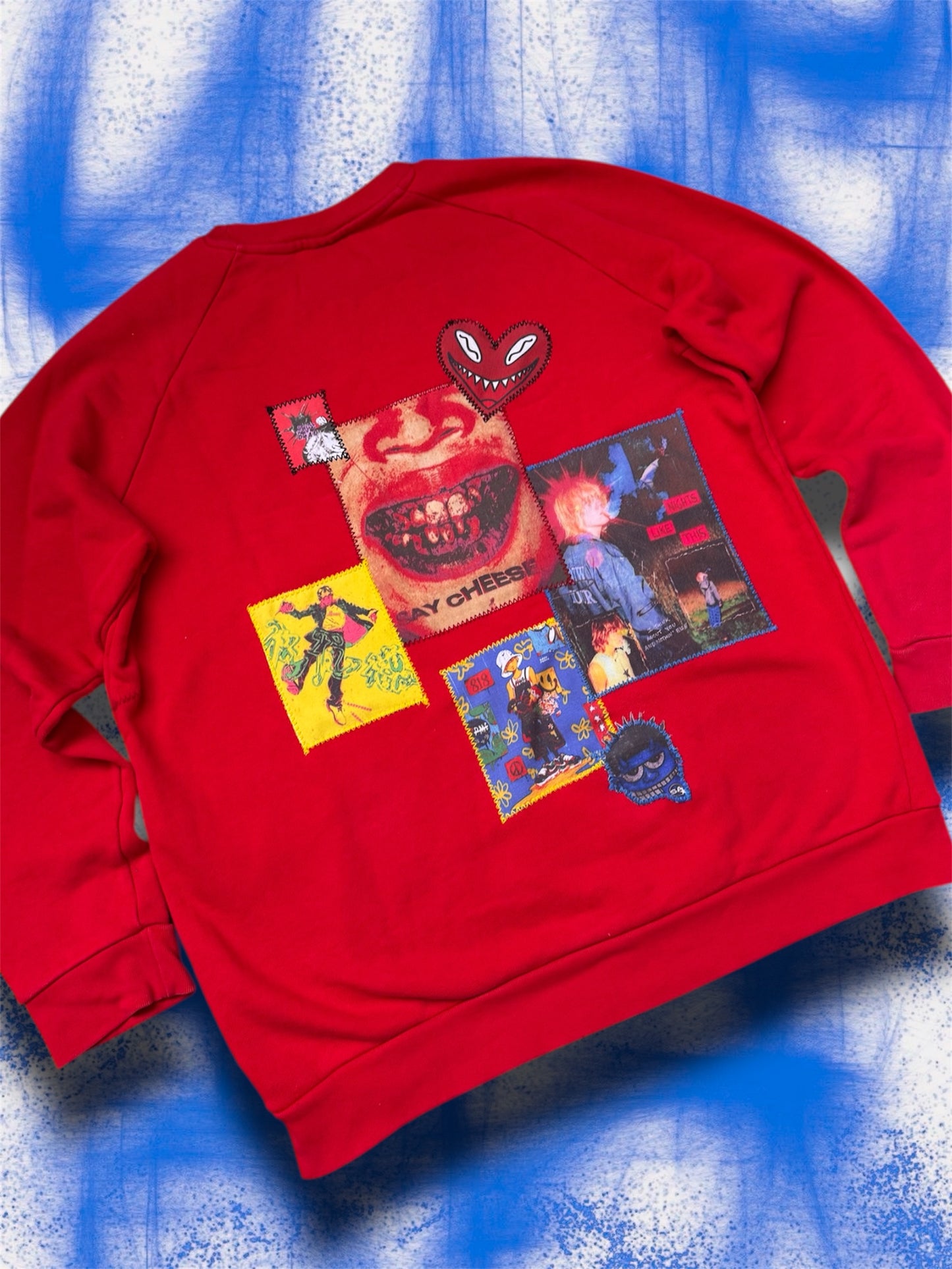 “Say cheese” upcycled red sweatshirt