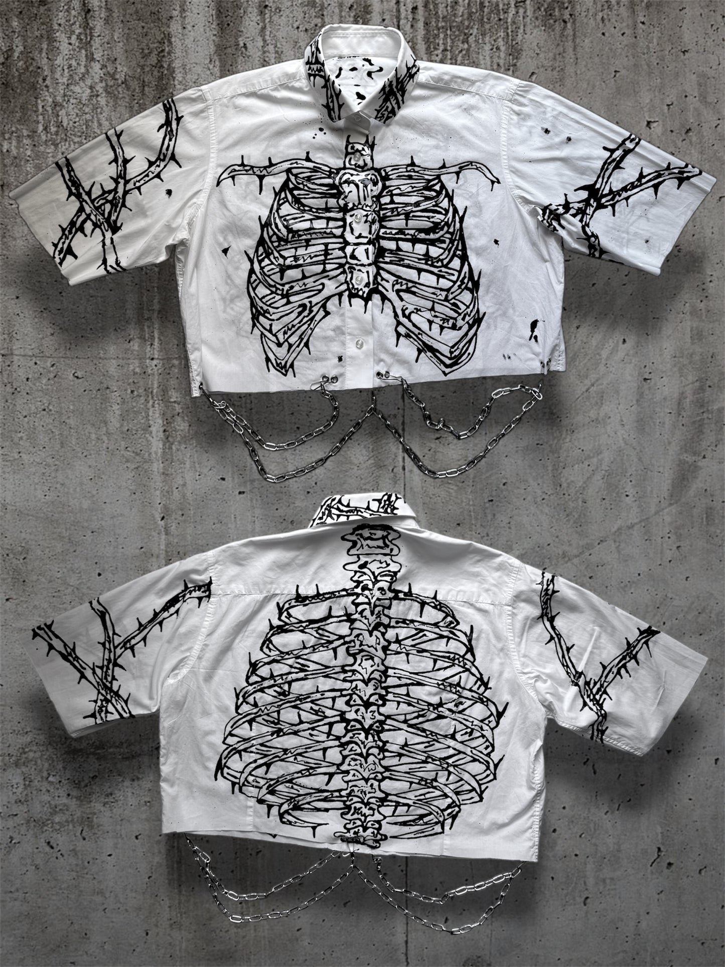Cropped hand painted white shirt with chains “RIBS”