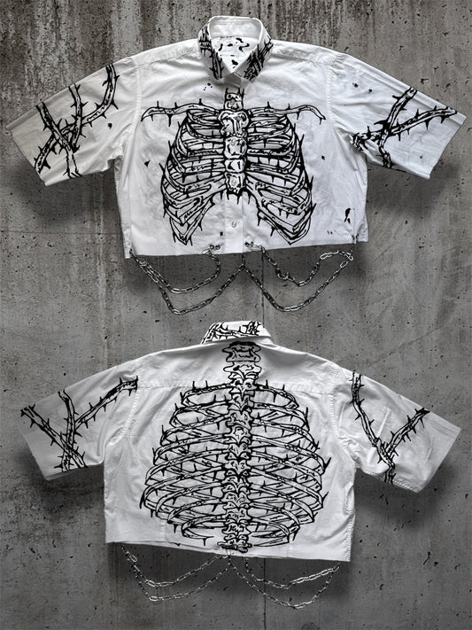 Cropped hand painted white shirt with chains “RIBS”