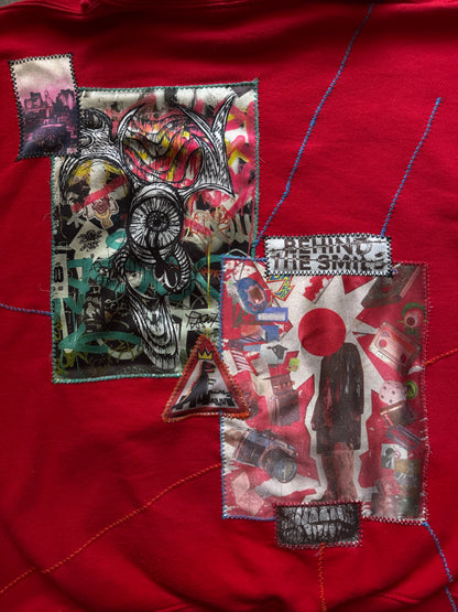 “George” red hoodie with stitched art