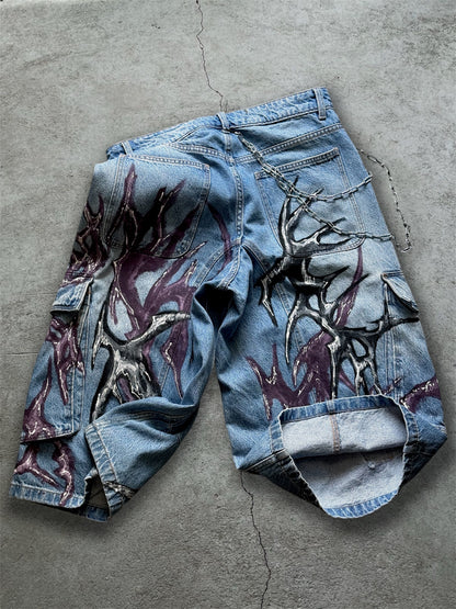 1/1 blue upcycled hand painted jorts
