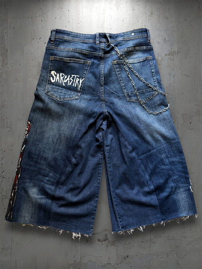 “Skull” 1/1 upcycled hand painted jorts