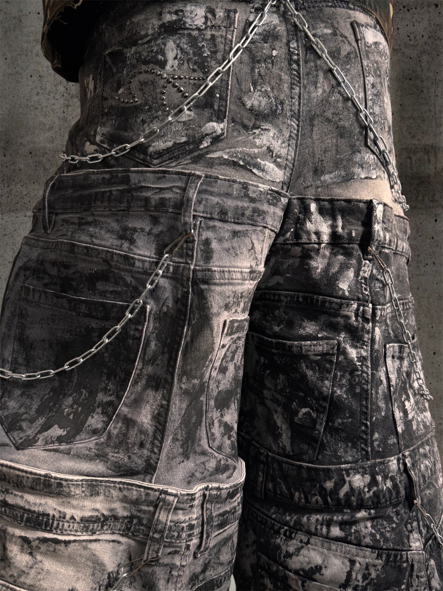 Black and gray baggy jorts with chains