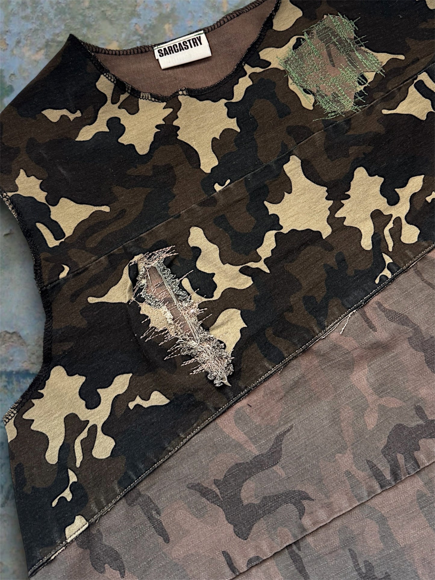 Camouflage upcycled denim top