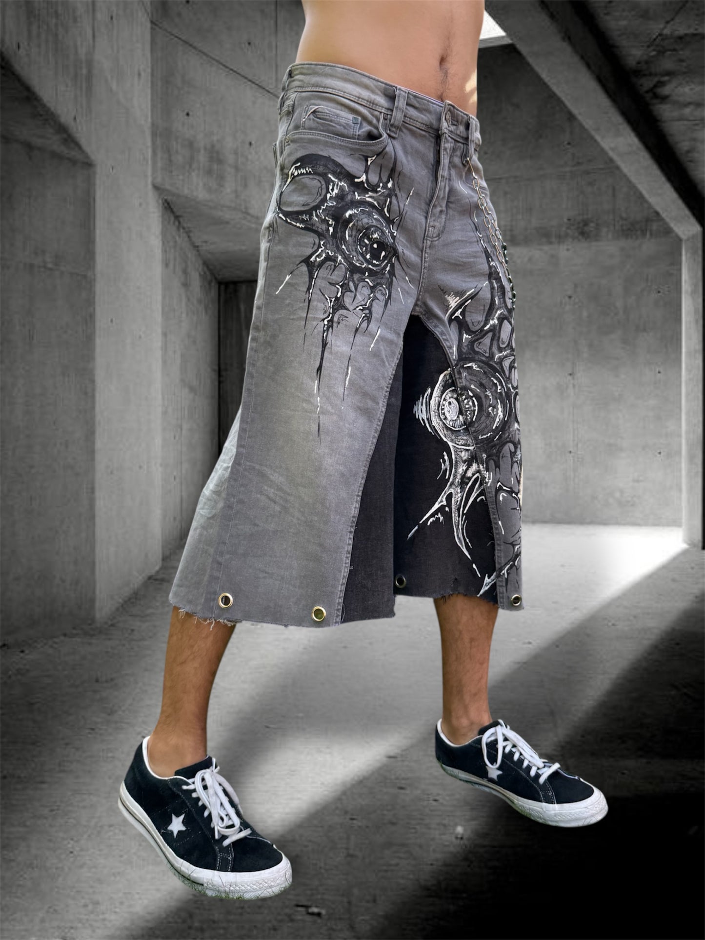 “Sharpeye” upcycled hand painted jorts