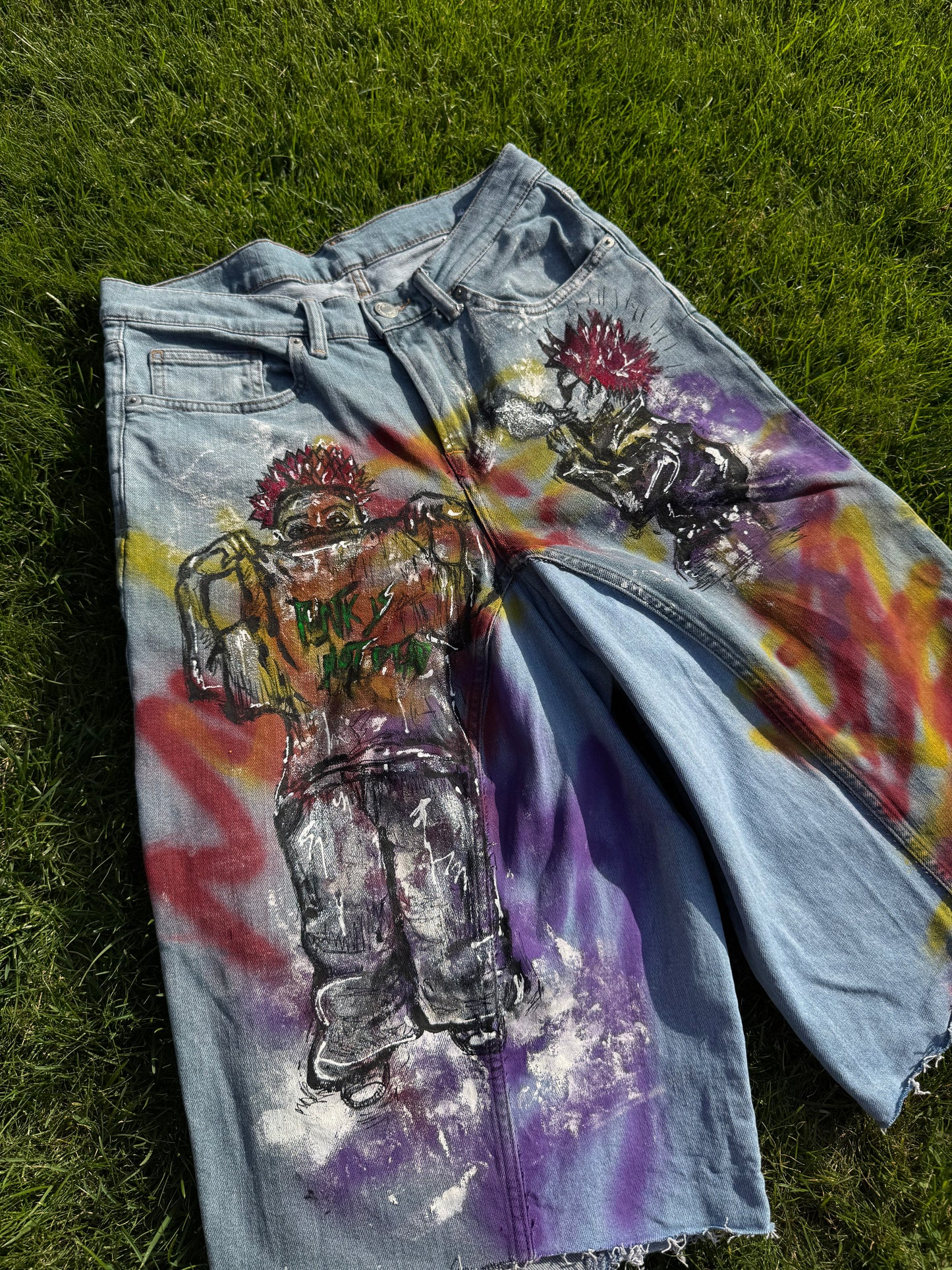 “Skater punk” 1/1 upcycled hand painted jorts