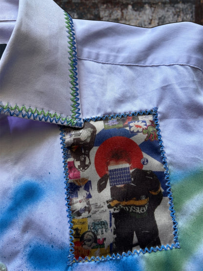 Sprayed light purple shirt with art pictures