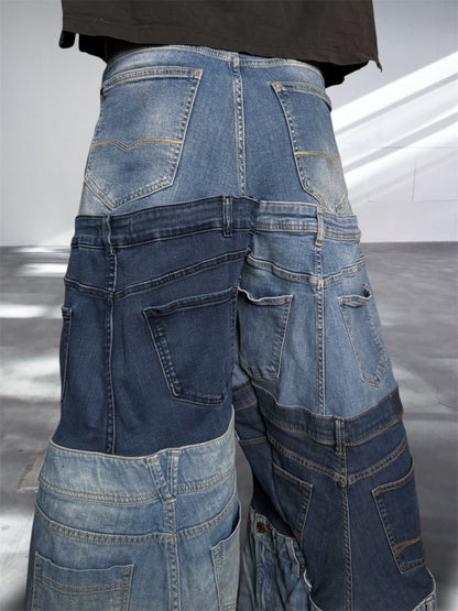 Baggy blue jeans created out of denim jeans tops