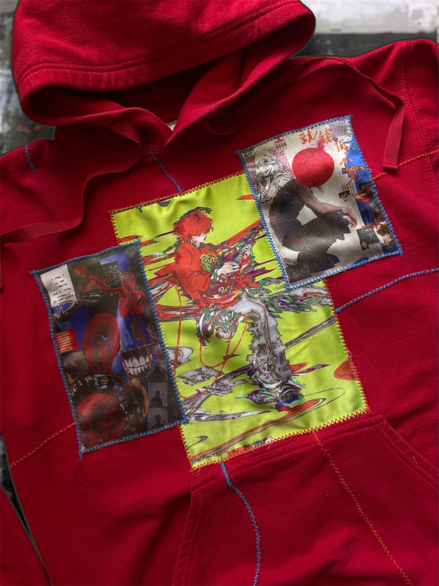 “George” red hoodie with stitched art