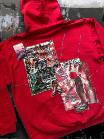 “George” red hoodie with stitched art