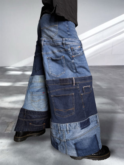 Baggy blue jeans created out of denim jeans tops