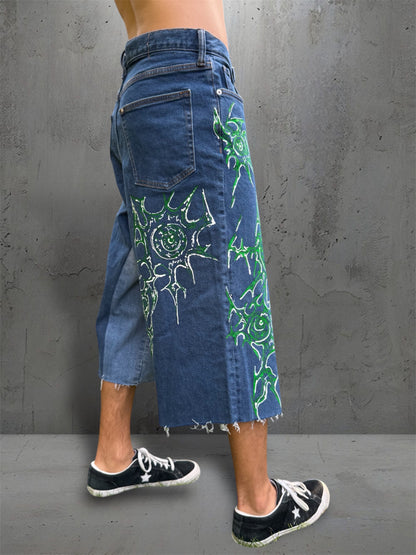 “Eye virus” 1/1 blue upcycled hand painted jorts